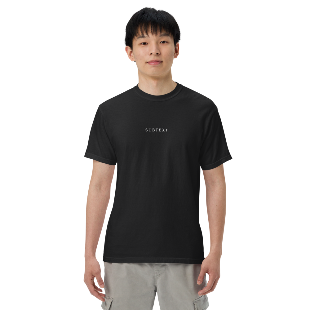 SUBTEXT — Premium Unisex Tee — front, on model